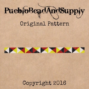 May include: A black and white beaded pattern with red and yellow accents. The pattern is labelled "Original Pattern" and "Copyright 2016".
