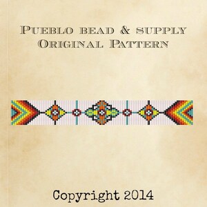 May include: A beaded pattern with a geometric design in shades of orange, yellow, blue, and white. The pattern is labeled "Pueblo Bead & Supply Original Pattern" and "Copyright 2014".