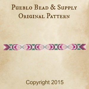 May include: A beaded pattern with pink, white, green, and purple beads. The pattern is labeled "Pueblo Bead & Supply Original Pattern" and "Copyright 2015".