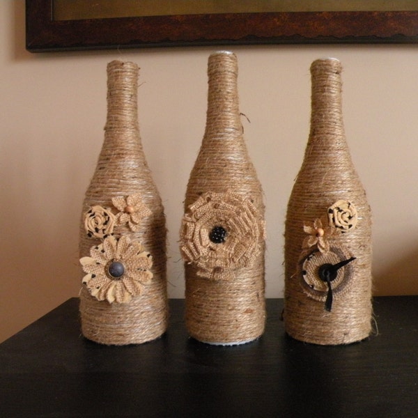 Jute WINE BOTTLES with burlap flowers