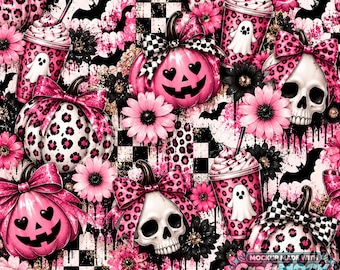 Gruseliges Halloween-Trinkbecher-Design (PNG) | Sublimationsdesign für schmale 20-oz- und 30-oz-Trinkbecher | Rosa Leoparden-Kürbisschädel | Digitaler Download