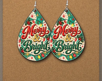 Fröhliche und strahlende Tropfenohrringe (PNG) | Retro-Weihnachtsbeleuchtung-Sublimationsdesign | Rot-grüne Schrift | Vintage-Weihnachts-Download