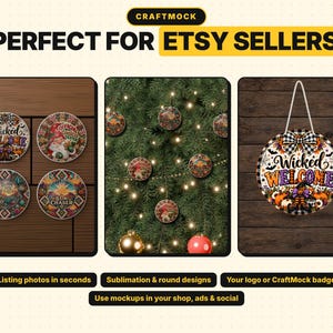 May include: A digital mockup display featuring round ornaments with various graphic designs including Wicked Welcome, Official Cookie Tester, and Sun Chaser. The image shows these circular decorations on a wooden surface and a Christmas tree.