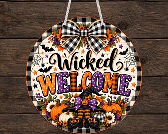 Runder Türhänger mit Hexenmotiv (PNG) | Halloween-Sublimationsdesign für Untersetzer und runde Rohlinge | Karomuster | Digitaler Download