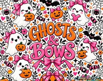 Halloween-Becherfolie mit Geistern und Schleifen (PNG) | Sublimationsdesign für 20-oz- und 30-oz-Becher | Rosa Schleife, Geist, Kürbis | Digitaler Download