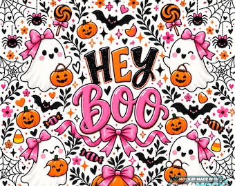 Hey Boo Halloween-Becherfolie (PNG) | Sublimationsdesign für 20-oz- und 30-oz-Becher | Niedlicher Kürbis mit rosa Geisterschleife | Digitaler Download