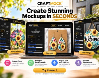 May include: A laptop screen displaying the CraftMock browser-based mockup generator interface, featuring three distinct windows for wind spinners, earrings, and door hangers. The interface includes controls for background selection, size, and positioning.