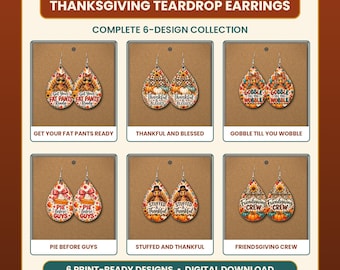 Thanksgiving-Ohrring-Set (PNG) | 6 Sublimationsdesigns | Lustige Motive: Truthahn, Kürbiskuchen, Friendsgiving | Herbstlicher Download