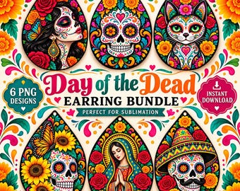 Dia de los Muertos Teardrop Earring PNG Bundle | 6 Sublimation Designs (Digital Download)