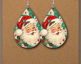 Retro-Weihnachtsmann-Ohrring in Tropfenform (PNG) | Vintage-Weihnachtsmotiv mit zwinkerndem Weihnachtsmann (Sublimationsdruck) | Mid-Century-Stil mit Atomstern | Digitaler Download