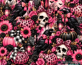 Halloween-Becherfolie „Mondlichtraben“ (PNG) | Sublimationsdesign für schmale Becher (20 oz & 30 oz) | Rabenschädel und rosa Kürbis | Digitaler Download