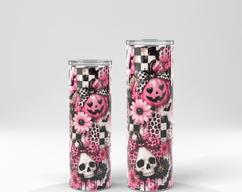 Gruselige Halloween-Becherfolie (PNG) | Sublimationsdesign für schmale Becher (20 oz & 30 oz) | Niedlicher rosa Kürbis mit Geistermotiv | Digitaler Download