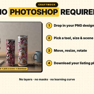 May include: A digital mockup tool interface titled CRAFTMOCK NO PHOTOSHOP REQUIRED. It features a four-step guide for customising tumbler designs, including instructions to drop in PNG files, select scenes, adjust elements, and download final images.