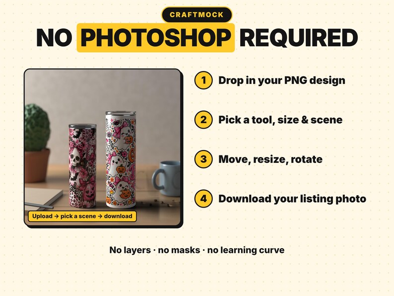 May include: A digital mockup tool interface titled CRAFTMOCK NO PHOTOSHOP REQUIRED. It features a four-step guide for customising tumbler designs, including instructions to drop in PNG files, select scenes, adjust elements, and download final images.