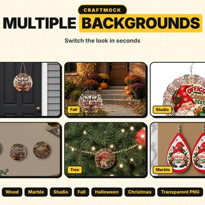 May include: A digital product display titled CRAFTMOCK MULTIPLE BACKGROUNDS featuring six distinct mockups: a door sign, a fall porch scene, a gnome ornament, three circular coasters, a tree ornament, and teardrop earrings.