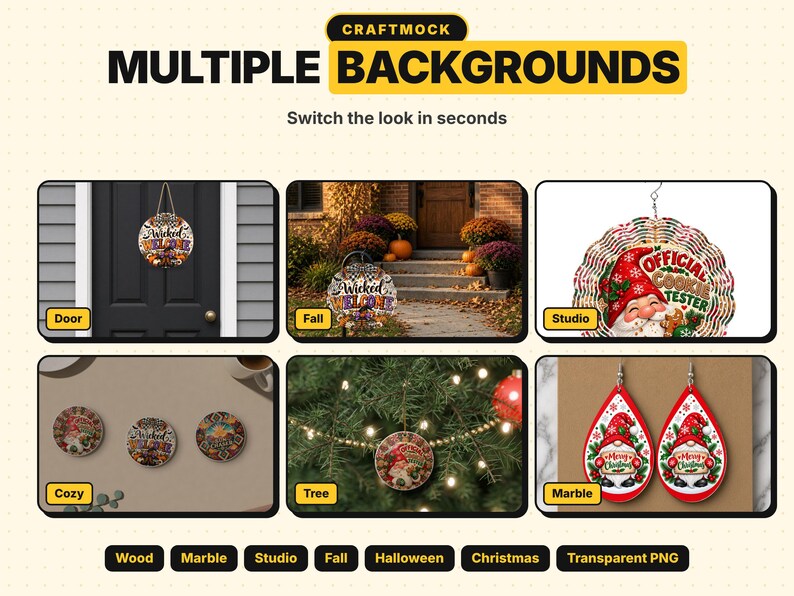 May include: A digital product display titled CRAFTMOCK MULTIPLE BACKGROUNDS featuring six distinct mockups: a door sign, a fall porch scene, a gnome ornament, three circular coasters, a tree ornament, and teardrop earrings.