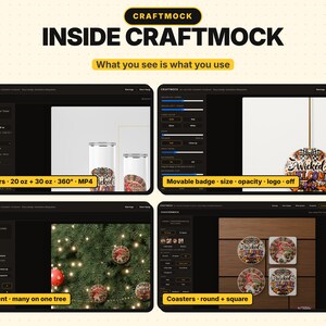 May include: A digital interface titled CRAFTMOCK displaying four panels: tumblers in 20 oz and 30 oz sizes, a movable badge ornament, ornaments on a Christmas tree, and round and square coasters. The text reads INSIDE CRAFTMOCK and What you see is what you use.