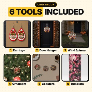 May include: A digital graphic titled CRAFTMOCK 6 TOOLS INCLUDED displaying six product mockups: teardrop earrings with Sleigh Bells Ring text, a round door hanger, a garden wind spinner, a round ornament, three coasters, and a tumbler.