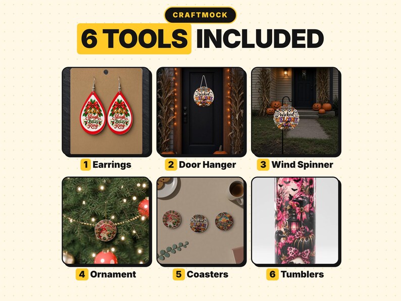 May include: A digital graphic titled CRAFTMOCK 6 TOOLS INCLUDED displaying six product mockups: teardrop earrings with Sleigh Bells Ring text, a round door hanger, a garden wind spinner, a round ornament, three coasters, and a tumbler.