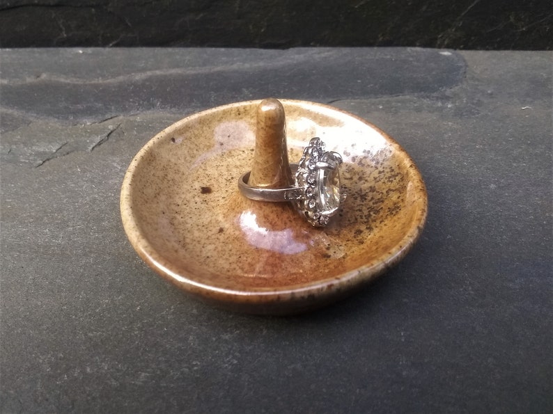 RING DISH Small Glossy Wood Fired Round Wheel Thrown Stoneware Pottery Ring Dish with Shino Glaze and Ash