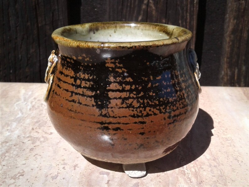 Miniature Cauldron #4 BOWL Brown with Black Pot with Skeletal Lady Handle Details and Three Small Feet for Halloween and Fairy Garden