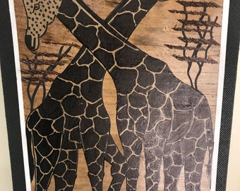 BANANA PRINT of 2 Giraffes.  8"x16" with mat.  Safari.  Giraffes.  Africa.  Handmade in Kenya.