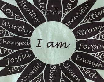 I AM Flower Petal Shirt. Mint Green. Ladies' T-Shirt. Ladies' Spiritual Shirt. Ladies' Inspirational Shirt. I Am Enough in Christ.