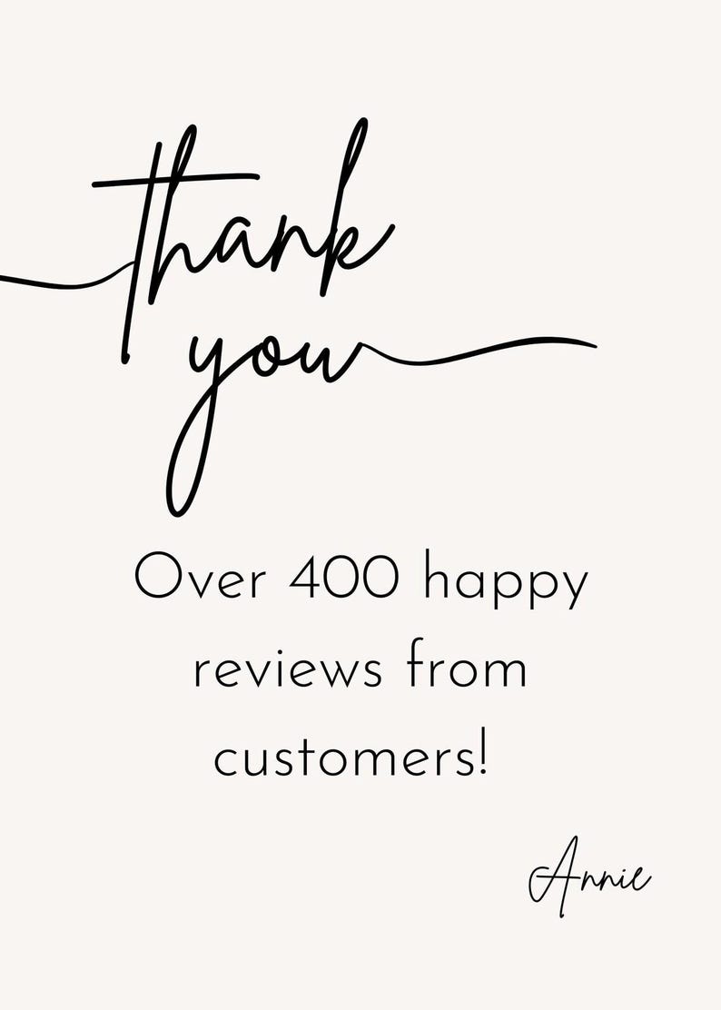 May include: A cream-colored graphic with black script that reads "Thank you" and "Over 400 happy reviews from customers!" The name "Annie" is written in script at the bottom.