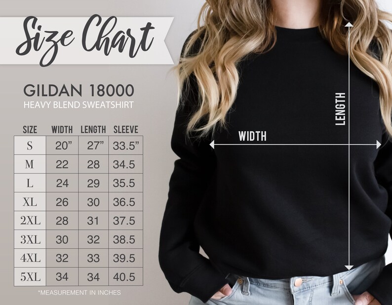 May include: Size chart for Gildan 18000 heavy blend sweatshirt. The chart shows measurements in inches for width, length, and sleeve length for sizes S through 5XL.