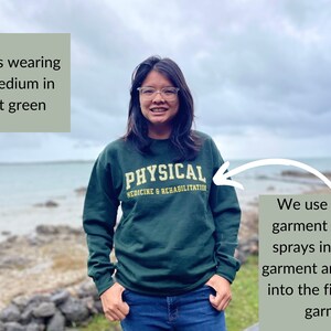 May include: A forest green sweatshirt with the text "PHYSICAL MEDICINE & REHABILITATION" printed on the front. The sweatshirt is being worn by a person with dark hair and glasses. The text "URBAN AND MODERN" is visible in the upper right corner of the image.