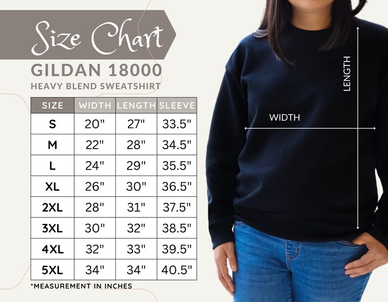 May include: A size chart for a Gildan 18000 heavy blend sweatshirt. The chart shows measurements in inches for sizes S to 5XL. The width ranges from 20" to 34", length from 27" to 34", and sleeve from 33.5" to 40.5".