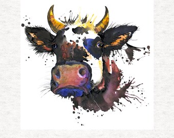 Fabric Upholstery Craft Panel Brown Cow PortraitWatercolour print Cow