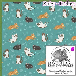 May include: Teal fabric with a repeating pattern of cats in various poses, including orange tabby, black, and white and brown cats. The design includes paw prints and yarn balls. The Moonlake Fabrics logo is in the bottom right corner.