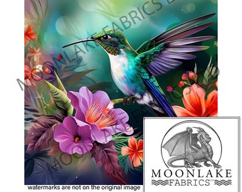 May include: A vibrant hummingbird with green and blue feathers perches on a branch with pink and red flowers. The background is a blurred green and blue landscape.