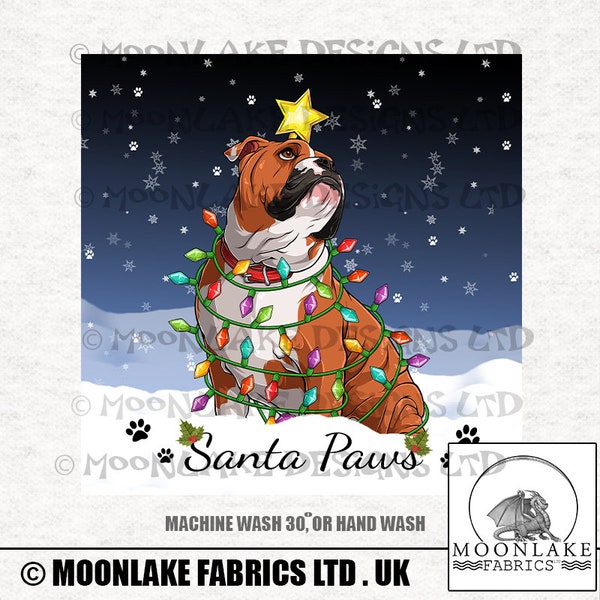 Santa Paws Bulldog Christmas  fun Fabric Craft Panels in 100% Cotton or Polyester 4 to choose from