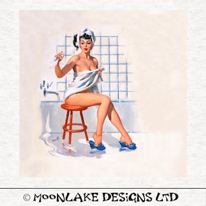 Vintage Pin-Up-Girl, Bathroom Lady.  Fabric Panel | | Sewing | Craft | Printed Fabric Panels -  100% polyester washable