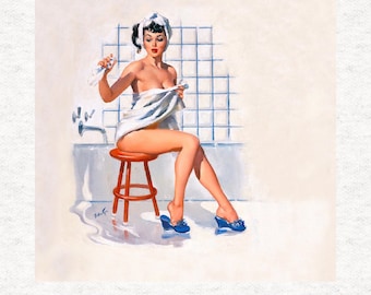 Vintage Pin-Up-Girl, Bathroom Lady.  Fabric Panel | | Sewing | Craft | Printed Fabric Panels -  100% polyester washable