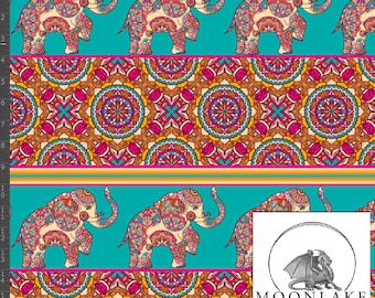 Tecido Popeline 100% Algodão de Alta Qualidade com Estampa Mandala de Elefante Boho - Tamanho: 111,39 cm de largura (44 polegadas)