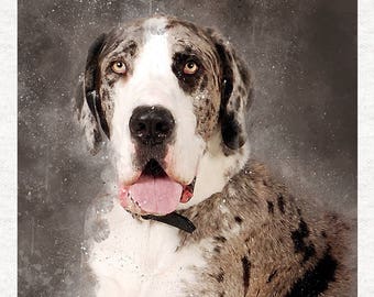 Great Dane Harlequin. Fabric Panel | Quilting | Sewing | Craft | Printed Fabric Panels. Watercolour grunge splatter Great Dane