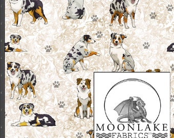 Aquarel Australische herder, stof, 100% lichte kwaliteit katoenen popeline *exclusief* Afmeting: 111,39 cm breed (44 inch)