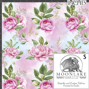 Peonies Pink on a blended background 100% Light Cotton 130gsm Poplin Fabric Size: 111.39cm wide (44 inches)