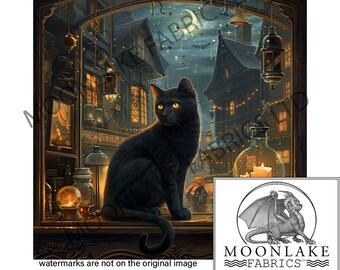 Puede incluir: Un gato negro se sienta en un alféizar de ventana con vistas a una pintoresca escena nocturna de la calle. La calle está bordeada de edificios con ventanas iluminadas y luces de cadena. El gato tiene ojos amarillos brillantes y mira hacia la calle.