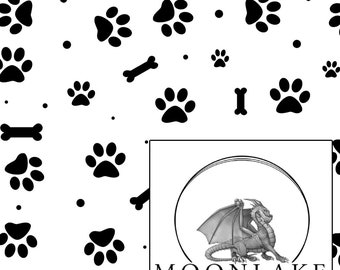 Dog Paw Prints With Bones In Black and White 100% Cotton 130gsm -Size: 111.39cm wide (44 inches)