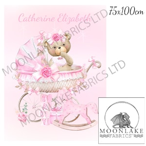 75x100cm + Other Sizes  Pink Teddy Bear New Baby Fabric Panel in 100% Light Quality Cotton or 290gsm Thick Soft Polyester