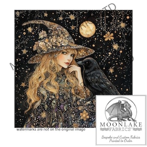 May include: A woman with long blonde hair wearing a black witch's hat with gold accents and a black gown with gold and floral details. She is holding a black raven in her hand. The background is a dark night sky with a full moon and stars.