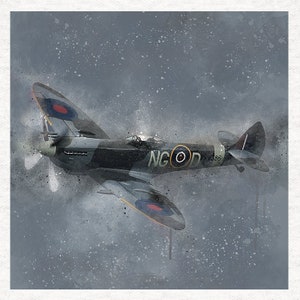Spitfire on Grey. Watercolour Grunge. Fabric Craft Panels in 100% Cotton or Polyester