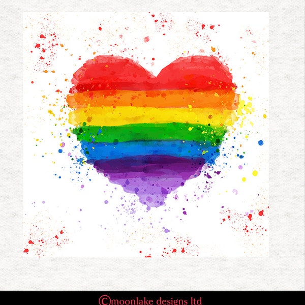 Gay Pride LGBT Art.  Watercolor Splatter Heart, Fabric Panel | | Sewing | Craft | Printed Fabric Panels