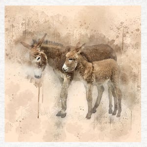 Donkey and foal, watercolour Donkey .Fabric Craft Panels 100% Cotton or Polyester
