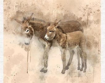 Donkey and foal, watercolour Donkey .Fabric Craft Panels 100% Cotton or Polyester
