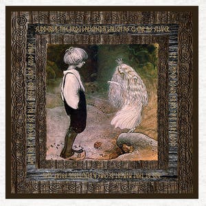 May include: A framed illustration of a young boy standing in a forest clearing, looking at a fairy with long white hair and a crown. The fairy is standing on a rock, and the boy is wearing a brown jacket and pants. The image is surrounded by a wooden frame with a Celtic knot design. The text in the frame reads: "Suddenly the frog laughed a laugh as clear as silver."
